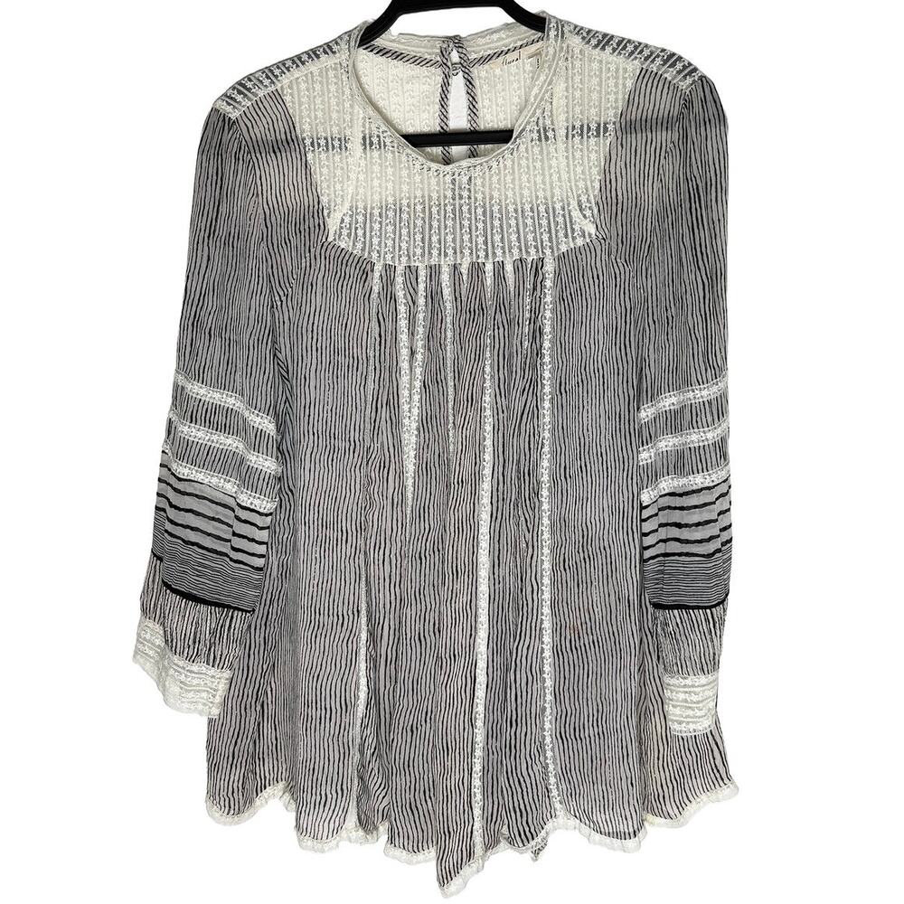 Anthropologie Floreat Womens Reina Peasant Blouse Lace Yoke Gray Stripe Sheer XL - Picture 2 of 10